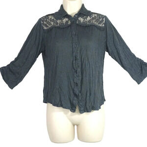 Eyeshadow Lace Trim Top Shirt Collared Women Size M Gray Long Sleeve Button Up